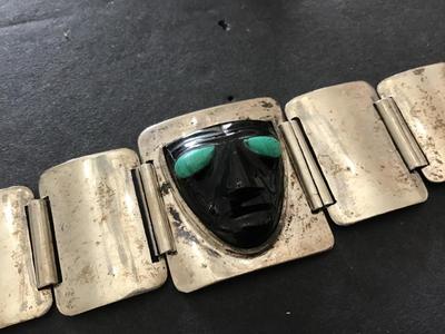 850. Silver Onyx Turquoise Vintage panel Bracelet. Vintage