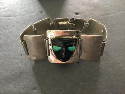 850. Silver Onyx Turquoise Vintage panel Bracelet. Vintage