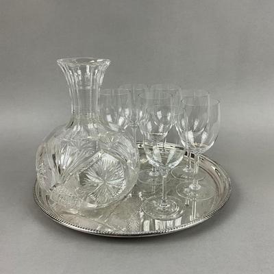 K333 Cut Crystal Decanter With Seven Wine Glasses On Silver Plated Serving Tray
