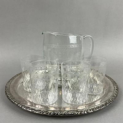 K336 Antique Etched Glass Pitcher With Tumblers On Silver Plated Tray
