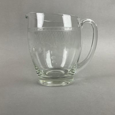 K336 Antique Etched Glass Pitcher With Tumblers On Silver Plated Tray
