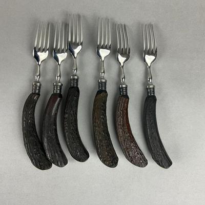 S346 Set Of Six Sheffield Silver Ferruled Steak Forks WIth Red Deer Stag Antler Handles