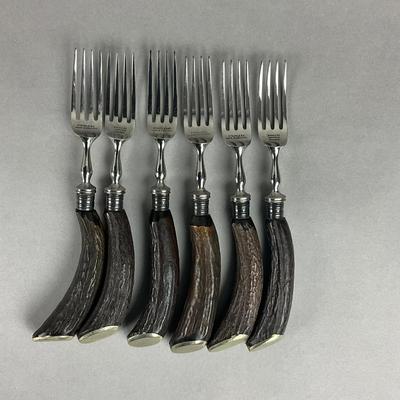 S346 Set Of Six Sheffield Silver Ferruled Steak Forks WIth Red Deer Stag Antler Handles