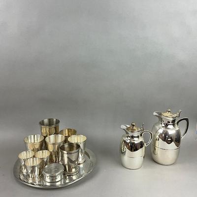 S352 Silverplate Assorted Pewter Cups on Tray with Matching Hot/Cold Carafes