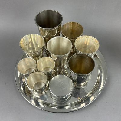 S352 Silverplate Assorted Pewter Cups on Tray with Matching Hot/Cold Carafes
