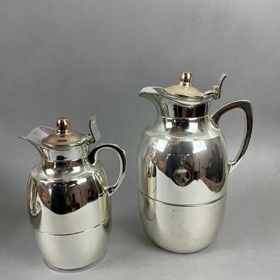 S352 Silverplate Assorted Pewter Cups on Tray with Matching Hot/Cold Carafes