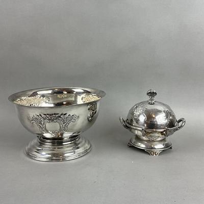 S353 Antique Silver Plated Punch Bowl & WIlcox Silver Plated Caviar / Butter Serving Dish