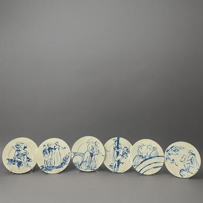 A374 Set Of Six Limoges France Patrick Frey Paris "Goneese" Tissu Assorti Plates