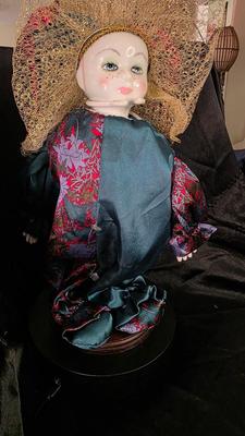 Vintage Gold Deer & Co. Ltd. Porcelain Display Doll – Teal & Crimson Ensemble with Golden Headdress