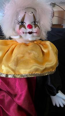 Vintage Porcelain Clown Doll – Red & Gold Satin Ensemble with White Hair and Display Stand