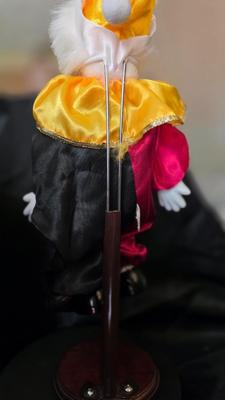 Vintage Porcelain Clown Doll – Red & Gold Satin Ensemble with White Hair and Display Stand