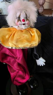 Vintage Porcelain Clown Doll – Red & Gold Satin Ensemble with White Hair and Display Stand