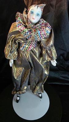Vintage Porcelain Harlequin Jester Clown Doll with Gold Diamond Costume – Collectible Display Figure
