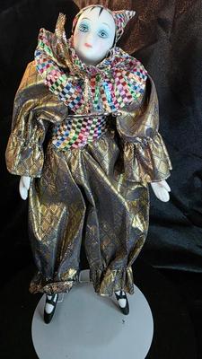 Vintage Porcelain Harlequin Jester Clown Doll with Gold Diamond Costume – Collectible Display Figure