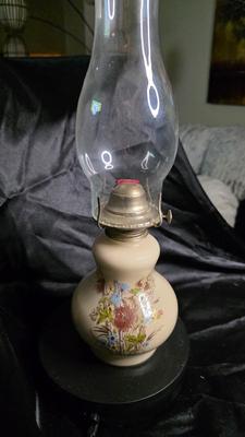 Kaadan Ltd. Vintage Floral Kerosene Lamp 16 Inch Hand Painted Oil Lamp with Clear Hurricane Chimney (1970s-1980s)
