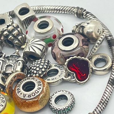 LOT 58: Sterling Silver 8" Pandora Bracelet with Beads/Charms/Hardware - 81 GTW