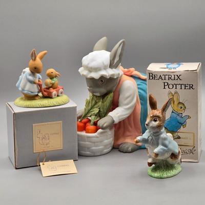 LOT 96: Vintage Department 56 Ceramic Grandma Bunny Rabbit, Beatrix Potter’s Peter Rabbit, and Tiny Talk Collection Caring Bunny Figurine...