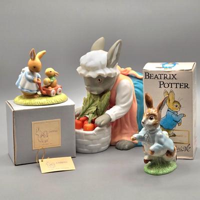 LOT 96: Vintage Department 56 Ceramic Grandma Bunny Rabbit, Beatrix Potter’s Peter Rabbit, and Tiny Talk Collection Caring Bunny Figurine...