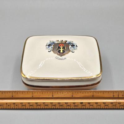 LOT 97: Japanese MCM Gold Imari Hand Painted Peacock Wall Charger and Porcelain Trinket Box Featuring the Coat of Arms for Munich, Germany