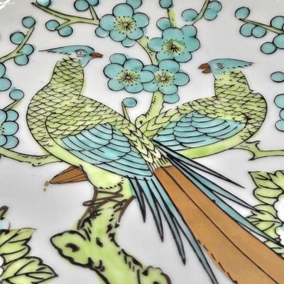 LOT 97: Japanese MCM Gold Imari Hand Painted Peacock Wall Charger and Porcelain Trinket Box Featuring the Coat of Arms for Munich, Germany