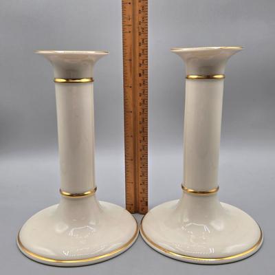 LOT 99: Lenox Ceramic Greenfield Candlestick Holders, Windsor Collection Candlesticks, and Vintage Pink Acanthus Leaf Bowl