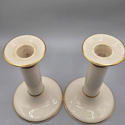 LOT 99: Lenox Ceramic Greenfield Candlestick Holders, Windsor Collection Candlesticks, and Vintage Pink Acanthus Leaf Bowl