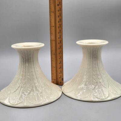 LOT 99: Lenox Ceramic Greenfield Candlestick Holders, Windsor Collection Candlesticks, and Vintage Pink Acanthus Leaf Bowl