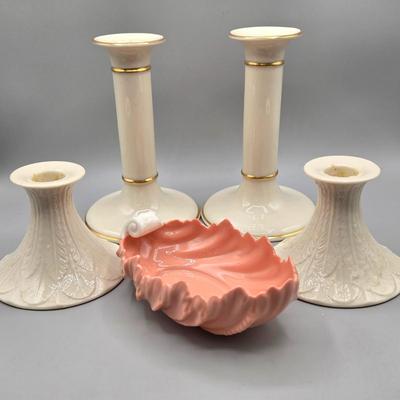 LOT 99: Lenox Ceramic Greenfield Candlestick Holders, Windsor Collection Candlesticks, and Vintage Pink Acanthus Leaf Bowl