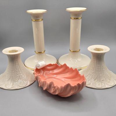 LOT 99: Lenox Ceramic Greenfield Candlestick Holders, Windsor Collection Candlesticks, and Vintage Pink Acanthus Leaf Bowl