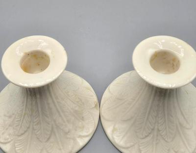 LOT 99: Lenox Ceramic Greenfield Candlestick Holders, Windsor Collection Candlesticks, and Vintage Pink Acanthus Leaf Bowl