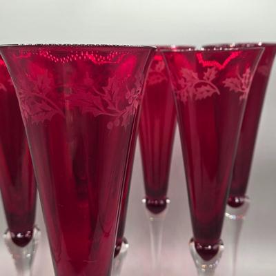 LOT 100: Vintage Holiday Gem Lenox Ruby Red Crystal Champagne Flutes