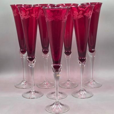 LOT 100: Vintage Holiday Gem Lenox Ruby Red Crystal Champagne Flutes