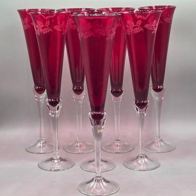 LOT 100: Vintage Holiday Gem Lenox Ruby Red Crystal Champagne Flutes