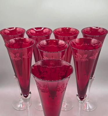 LOT 100: Vintage Holiday Gem Lenox Ruby Red Crystal Champagne Flutes