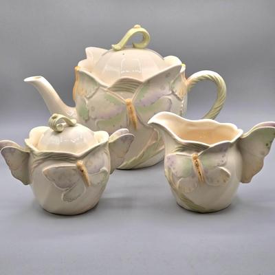 LOT 121: Vintage Lenox China Garden Splendor Butterfly Teapot, Creamer, and Sugar Set
