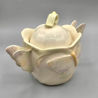 LOT 121: Vintage Lenox China Garden Splendor Butterfly Teapot, Creamer, and Sugar Set