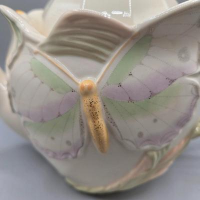 LOT 121: Vintage Lenox China Garden Splendor Butterfly Teapot, Creamer, and Sugar Set