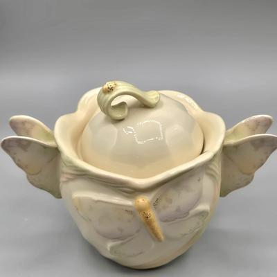 LOT 121: Vintage Lenox China Garden Splendor Butterfly Teapot, Creamer, and Sugar Set