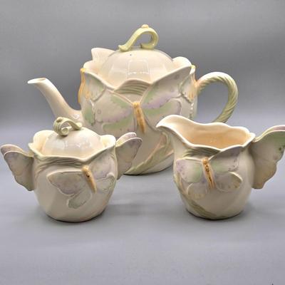 LOT 121: Vintage Lenox China Garden Splendor Butterfly Teapot, Creamer, and Sugar Set