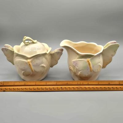 LOT 121: Vintage Lenox China Garden Splendor Butterfly Teapot, Creamer, and Sugar Set