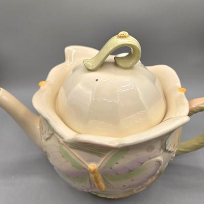 LOT 121: Vintage Lenox China Garden Splendor Butterfly Teapot, Creamer, and Sugar Set