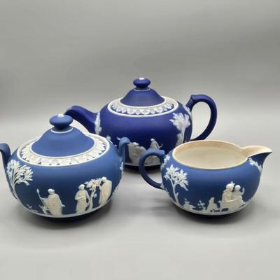 LOT 122: Antique Wedgwood Blue Jasperware Sacrifice to Ceres Tea Set
