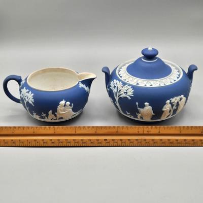 LOT 122: Antique Wedgwood Blue Jasperware Sacrifice to Ceres Tea Set