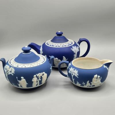 LOT 122: Antique Wedgwood Blue Jasperware Sacrifice to Ceres Tea Set