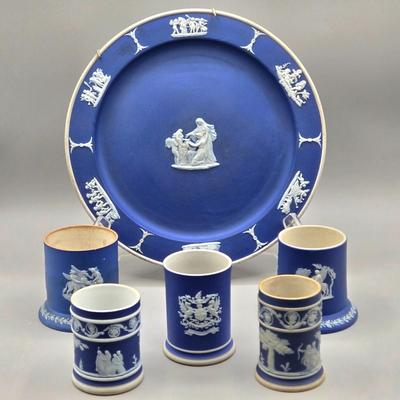 LOT 123: Antique Wedgwood Jasperware Plate and Multiple Spill Vases