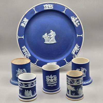 LOT 123: Antique Wedgwood Jasperware Plate and Multiple Spill Vases
