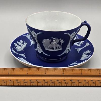 LOT 124: Wedgwood Blue Jasperware Cup and Saucer, 2 Small Pitchers, and More