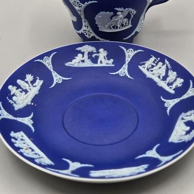 LOT 124: Wedgwood Blue Jasperware Cup and Saucer, 2 Small Pitchers, and More