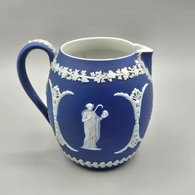 LOT 124: Wedgwood Blue Jasperware Cup and Saucer, 2 Small Pitchers, and More