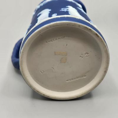 LOT 124: Wedgwood Blue Jasperware Cup and Saucer, 2 Small Pitchers, and More
